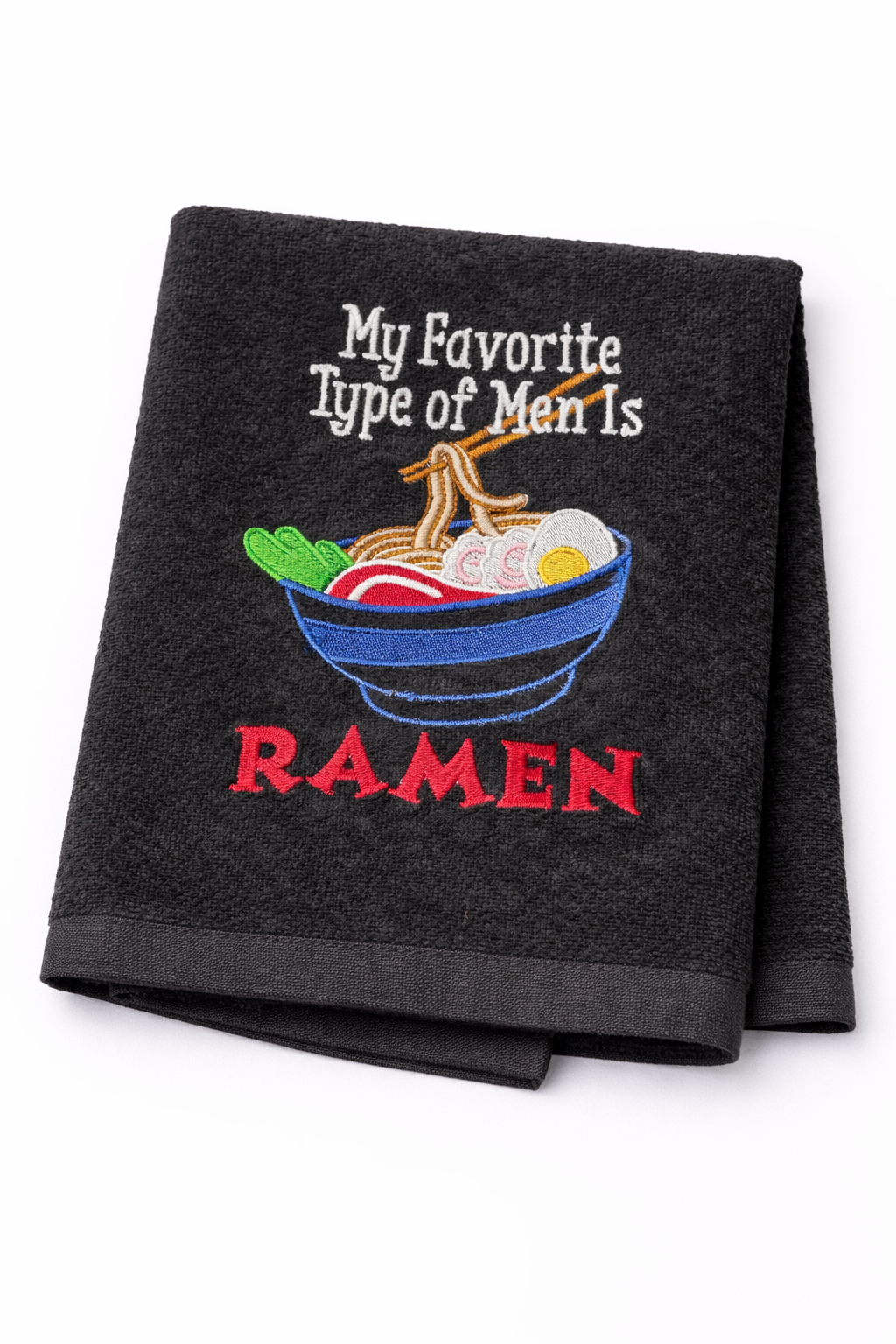 Black towel with ramen graphic and text on a white background